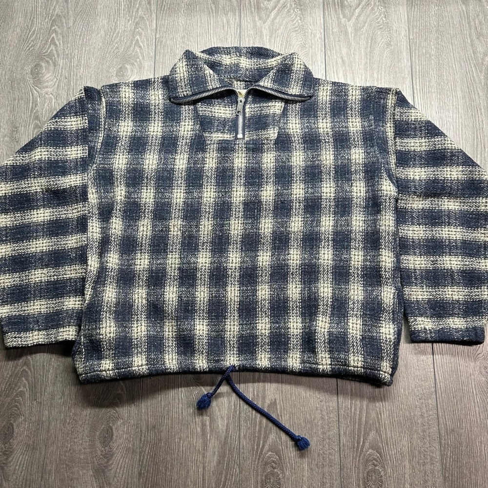 Vintage Earth Ragz Mens XL Plaid Baja Quarter Zip Pullover Navy Cream Mexico